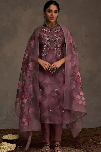 Floral Embroidered Thread Work Chanderi Cotton Kurta with Trousers & Dupatta