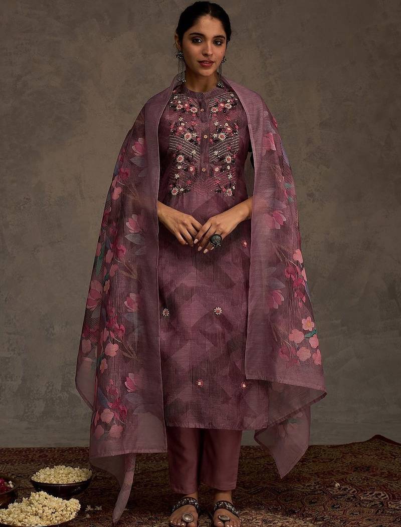 Floral Embroidered Thread Work Chanderi Cotton Kurta with Trousers & Dupatta