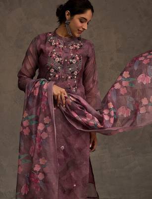 Floral Embroidered Thread Work Chanderi Cotton Kurta with Trousers & Dupatta 7