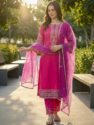 Women Ethnic Motifs Embroidered Regular Thread Work Kurta with Trousers & With Dupatta 1