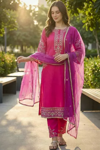 Women Ethnic Motifs Embroidered Regular Thread Work Kurta with Trousers & With Dupatta