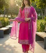 Women Ethnic Motifs Embroidered Regular Thread Work Kurta with Trousers & With Dupatta