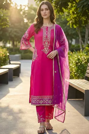 Women Ethnic Motifs Embroidered Regular Thread Work Kurta with Trousers & With Dupatta