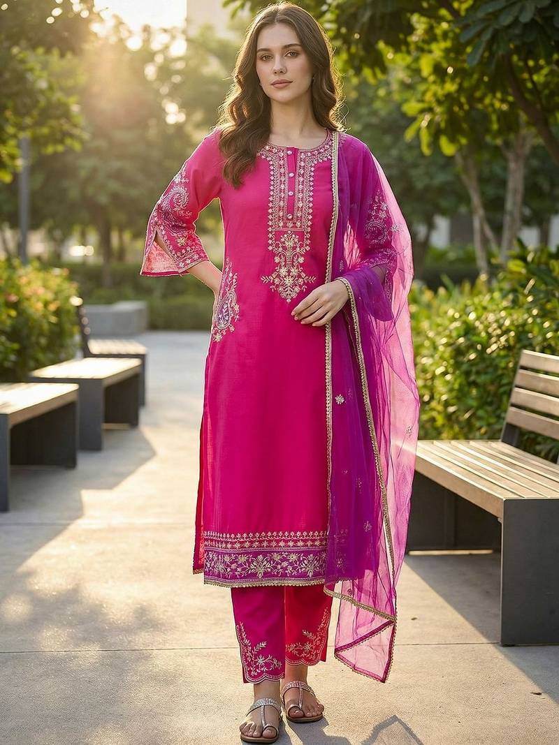 Women Ethnic Motifs Embroidered Regular Thread Work Kurta with Trousers & With Dupatta