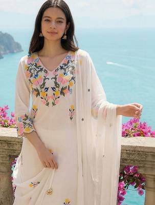 Women Floral Embroidered Regular Thread Work Pure Cotton Kurta with Trousers & With Dupatta 2