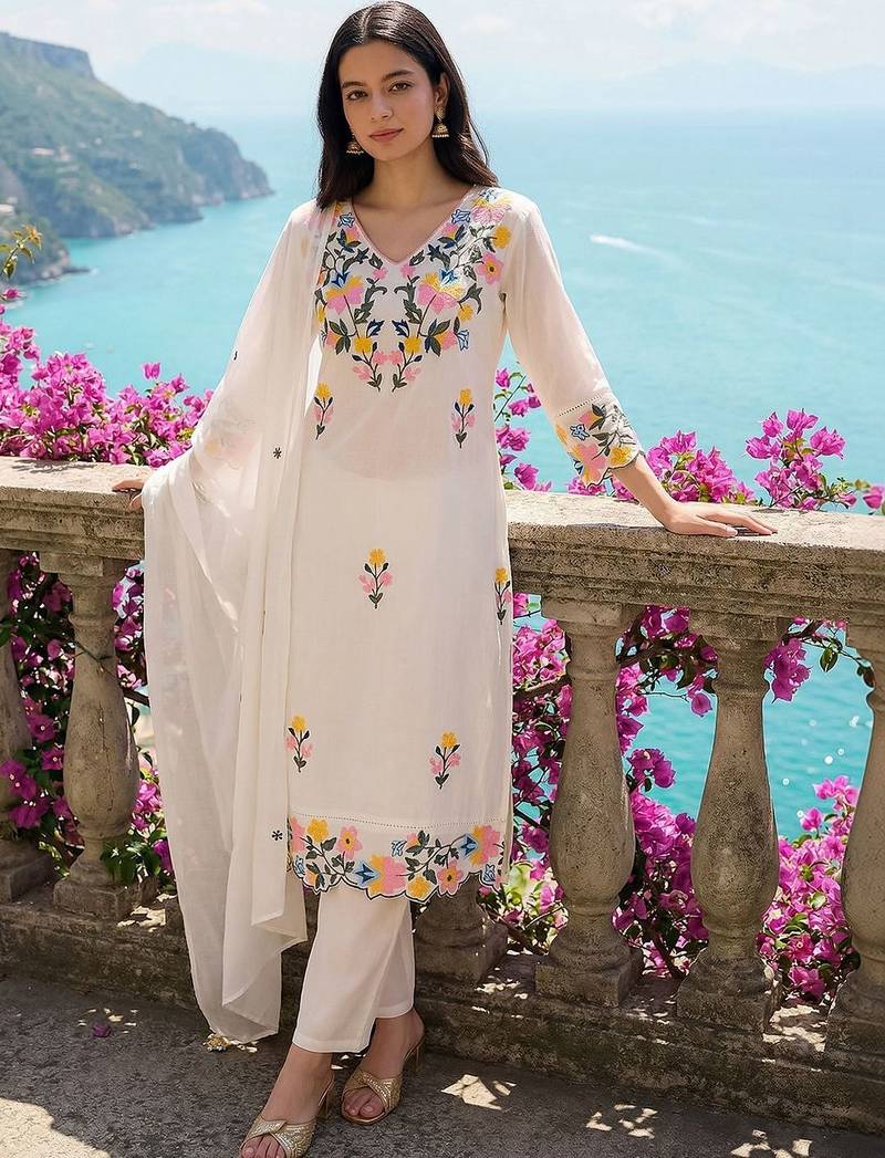 Women Floral Embroidered Regular Thread Work Pure Cotton Kurta with Trousers & With Dupatta