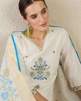 Women Floral Embroidered Regular Thread Work Pure Cotton Kurta with Trousers & With Dupatta 3