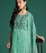 Floral Printed Thread Work Chanderi Silk Kurta with Trousers & Dupatta
