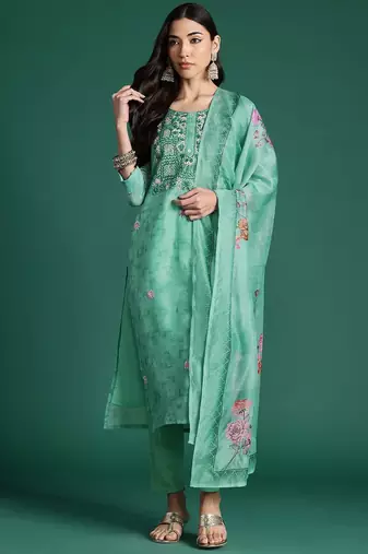 Floral Printed Thread Work Chanderi Silk Kurta with Trousers & Dupatta