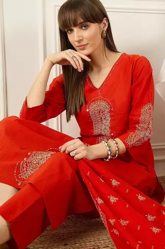 Floral Printed Thread Work Pure Cotton Kurta With Palazzos