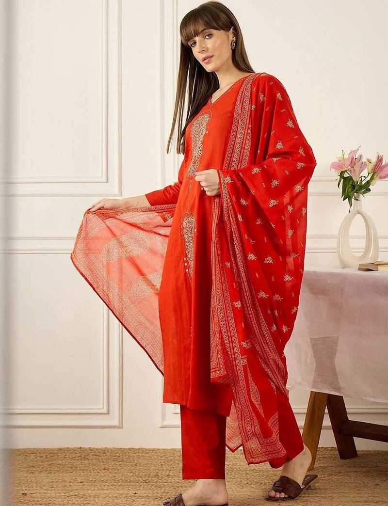 Floral Printed Thread Work Pure Cotton Kurta With Palazzos