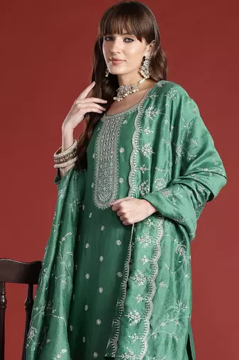 Floral Embroidered Sequinned Kurta with Trousers & With Dupatta