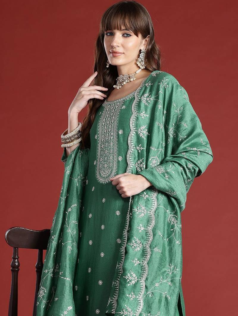 Floral Embroidered Sequinned Kurta with Trousers & With Dupatta