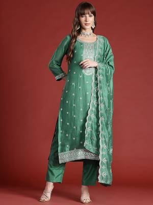 Floral Embroidered Sequinned Kurta with Trousers & With Dupatta 1
