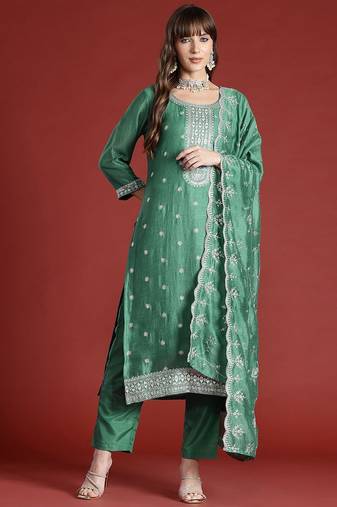 Floral Embroidered Sequinned Kurta with Trousers & With Dupatta