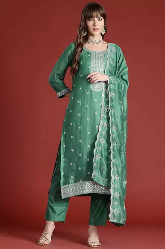 Floral Embroidered Sequinned Kurta with Trousers & With Dupatta