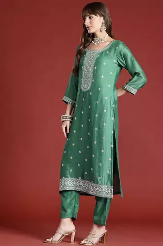 Floral Embroidered Sequinned Kurta with Trousers & With Dupatta