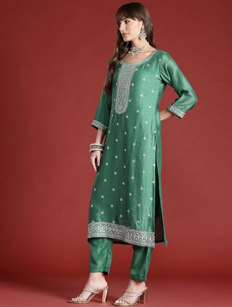Floral Embroidered Sequinned Kurta with Trousers & With Dupatta
