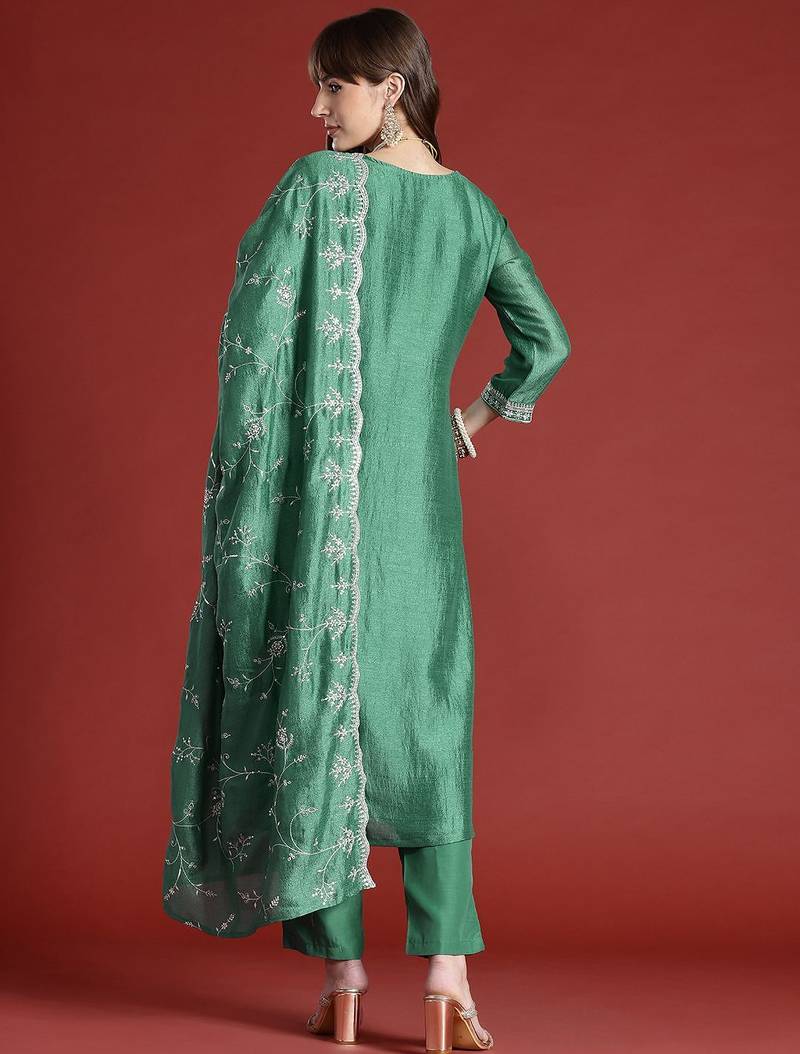 Floral Embroidered Sequinned Kurta with Trousers & With Dupatta