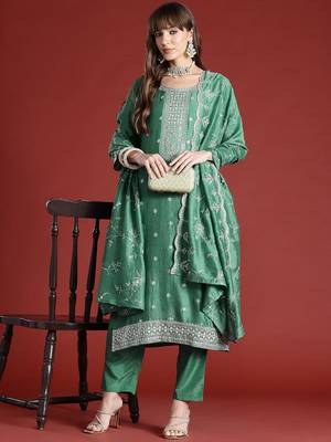 Floral Embroidered Sequinned Kurta with Trousers & With Dupatta 8