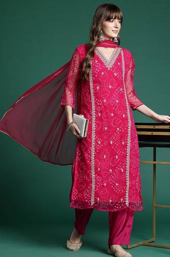 Ethnic Motifs Embroidered Regular Silk Chiffon Kurta with Trousers & Dupatta