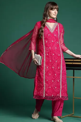 Ethnic Motifs Embroidered Regular Silk Chiffon Kurta with Trousers & Dupatta