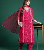 Ethnic Motifs Embroidered Regular Silk Chiffon Kurta with Trousers & Dupatta