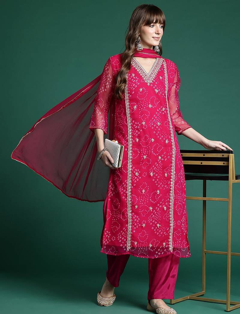Ethnic Motifs Embroidered Regular Silk Chiffon Kurta with Trousers & Dupatta