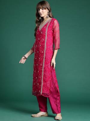 Ethnic Motifs Embroidered Regular Silk Chiffon Kurta with Trousers & Dupatta 5