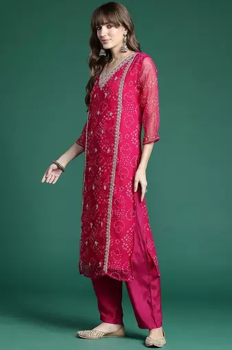 Ethnic Motifs Embroidered Regular Silk Chiffon Kurta with Trousers & Dupatta