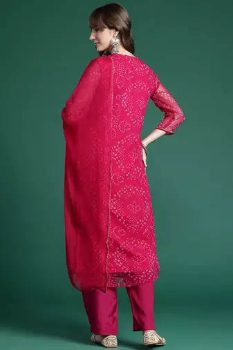 Ethnic Motifs Embroidered Regular Silk Chiffon Kurta with Trousers & Dupatta
