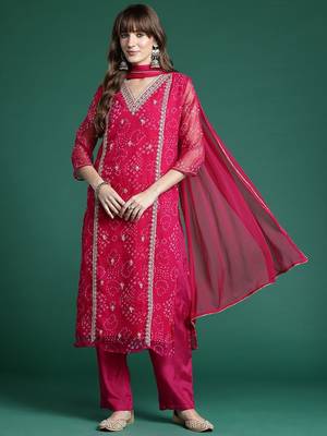 Ethnic Motifs Embroidered Regular Silk Chiffon Kurta with Trousers & Dupatta 7