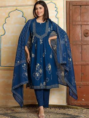 Women Ethnic Motifs Printed Empire Beads and Stones Pure Cotton Kurta with Trousers & With Dupatta 1