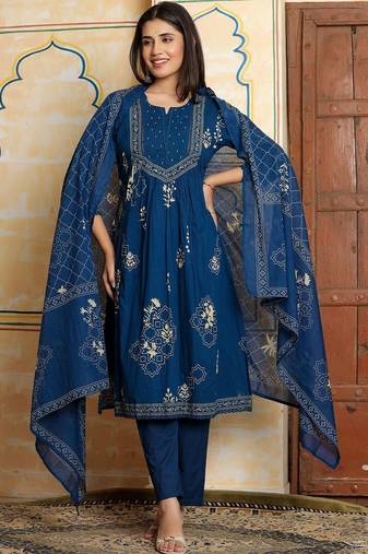 Women Ethnic Motifs Printed Empire Beads and Stones Pure Cotton Kurta with Trousers & With Dupatta