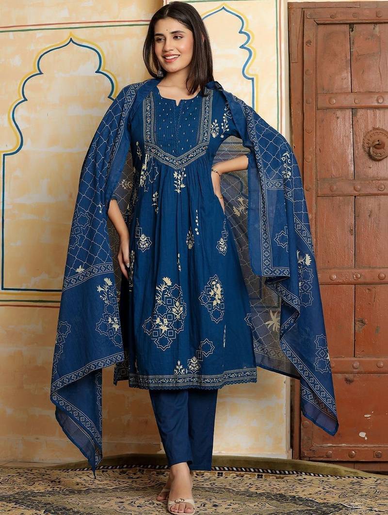 Women Ethnic Motifs Printed Empire Beads and Stones Pure Cotton Kurta with Trousers & With Dupatta