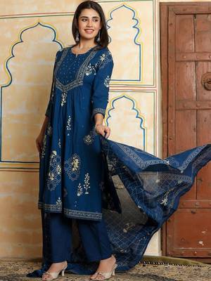 Women Ethnic Motifs Printed Empire Beads and Stones Pure Cotton Kurta with Trousers & With Dupatta 2