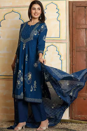 Women Ethnic Motifs Printed Empire Beads and Stones Pure Cotton Kurta with Trousers & With Dupatta
