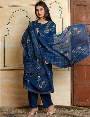 Women Ethnic Motifs Printed Empire Beads and Stones Pure Cotton Kurta with Trousers & With Dupatta 6