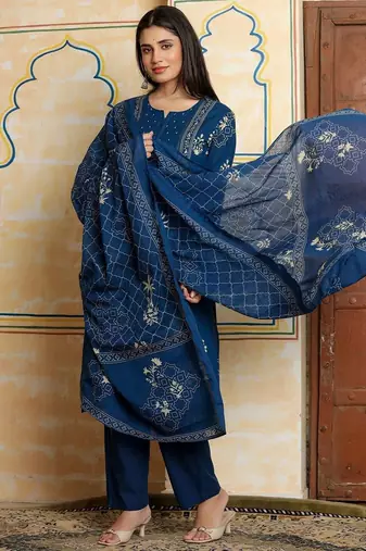 Women Ethnic Motifs Printed Empire Beads and Stones Pure Cotton Kurta with Trousers & With Dupatta
