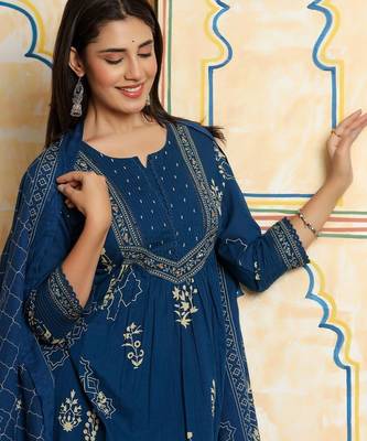 Women Ethnic Motifs Printed Empire Beads and Stones Pure Cotton Kurta with Trousers & With Dupatta 7