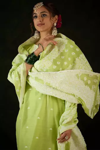 Women Woven Design Ethnic Motifs Regular Kurta with Trousers & With Dupatta