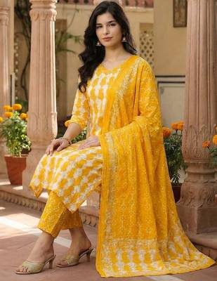Women Ethnic Motifs Printed Regular Pure Cotton Kurta with Trousers & With Dupatta 1