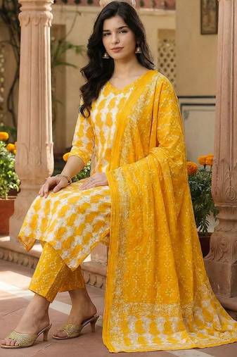 Women Ethnic Motifs Printed Regular Pure Cotton Kurta with Trousers & With Dupatta