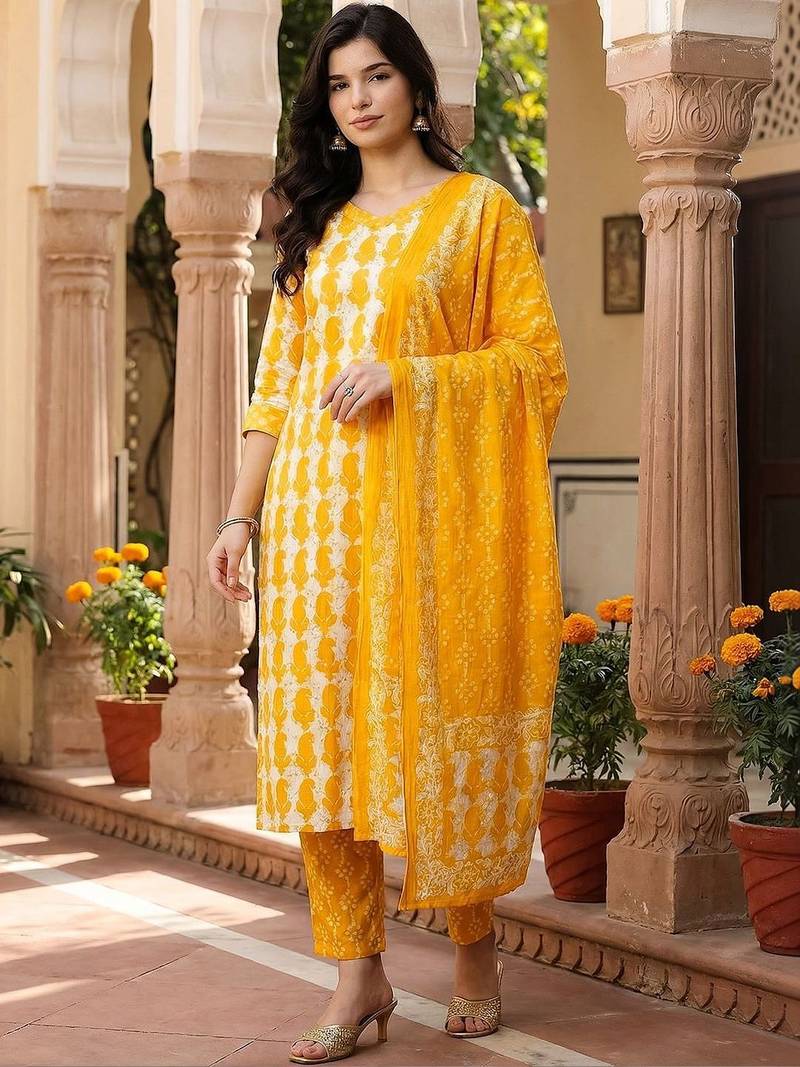 Women Ethnic Motifs Printed Regular Pure Cotton Kurta with Trousers & With Dupatta