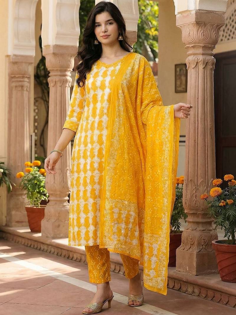 Women Ethnic Motifs Printed Regular Pure Cotton Kurta with Trousers & With Dupatta