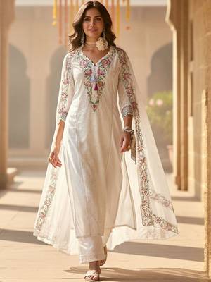 Floral Embroidered Thread Work Pure Cotton Straight Kurta With Trousers & Dupatta 1