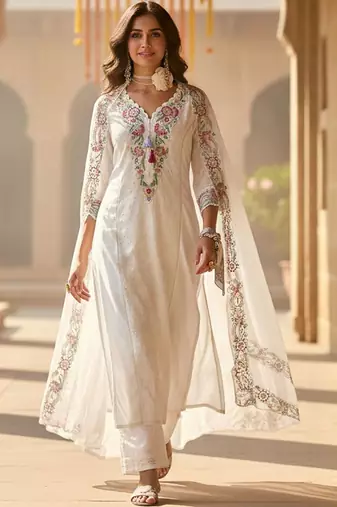 Floral Embroidered Thread Work Pure Cotton Straight Kurta With Trousers & Dupatta