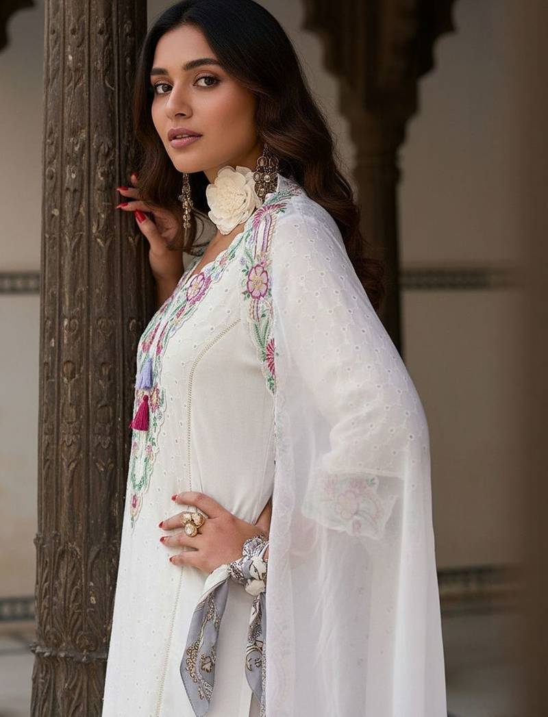 Floral Embroidered Thread Work Pure Cotton Straight Kurta With Trousers & Dupatta