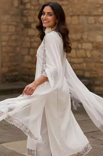 Floral Embroidered Thread Work Pure Cotton Straight Kurta With Trousers & Dupatta