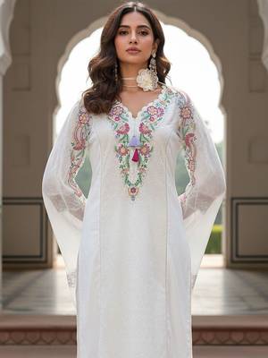 Floral Embroidered Thread Work Pure Cotton Straight Kurta With Trousers & Dupatta 5